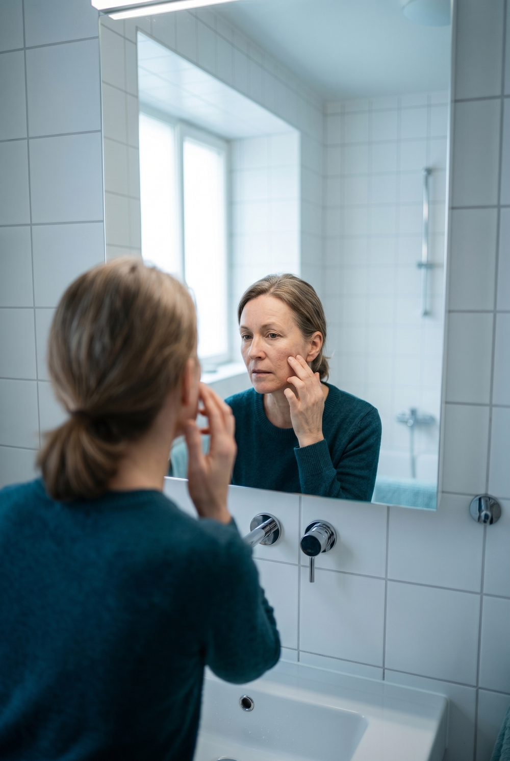 Frau betrachtet ihre Haut im Badezimmerspiegel