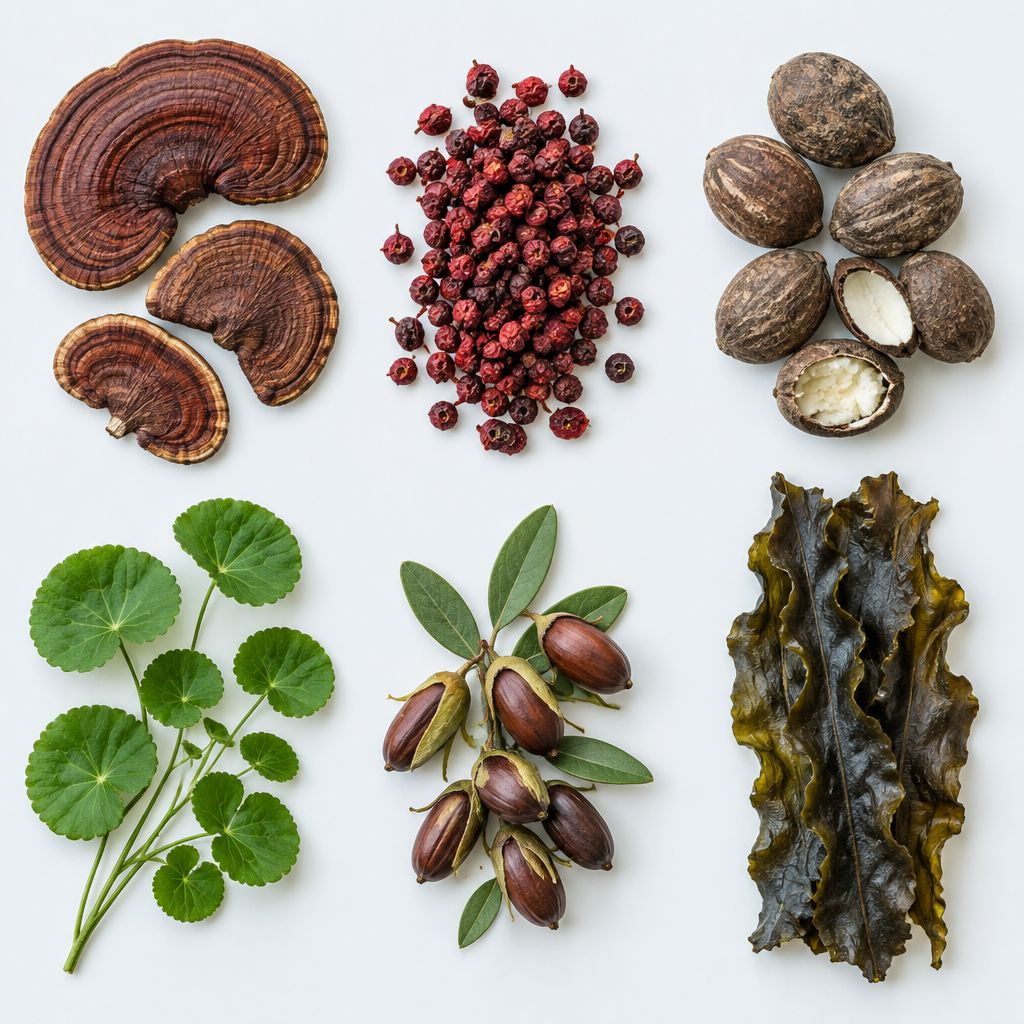 Rohstoffe nebeneinander: Reishi, Schisandra, Sheabutter, Centella, Jojoba, Laminaria (Symbolbild)